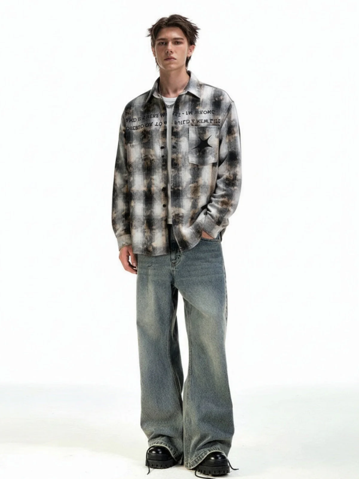 Streetwear Washed Distressed Plaid Long Sleeve Shirt - Image 2
