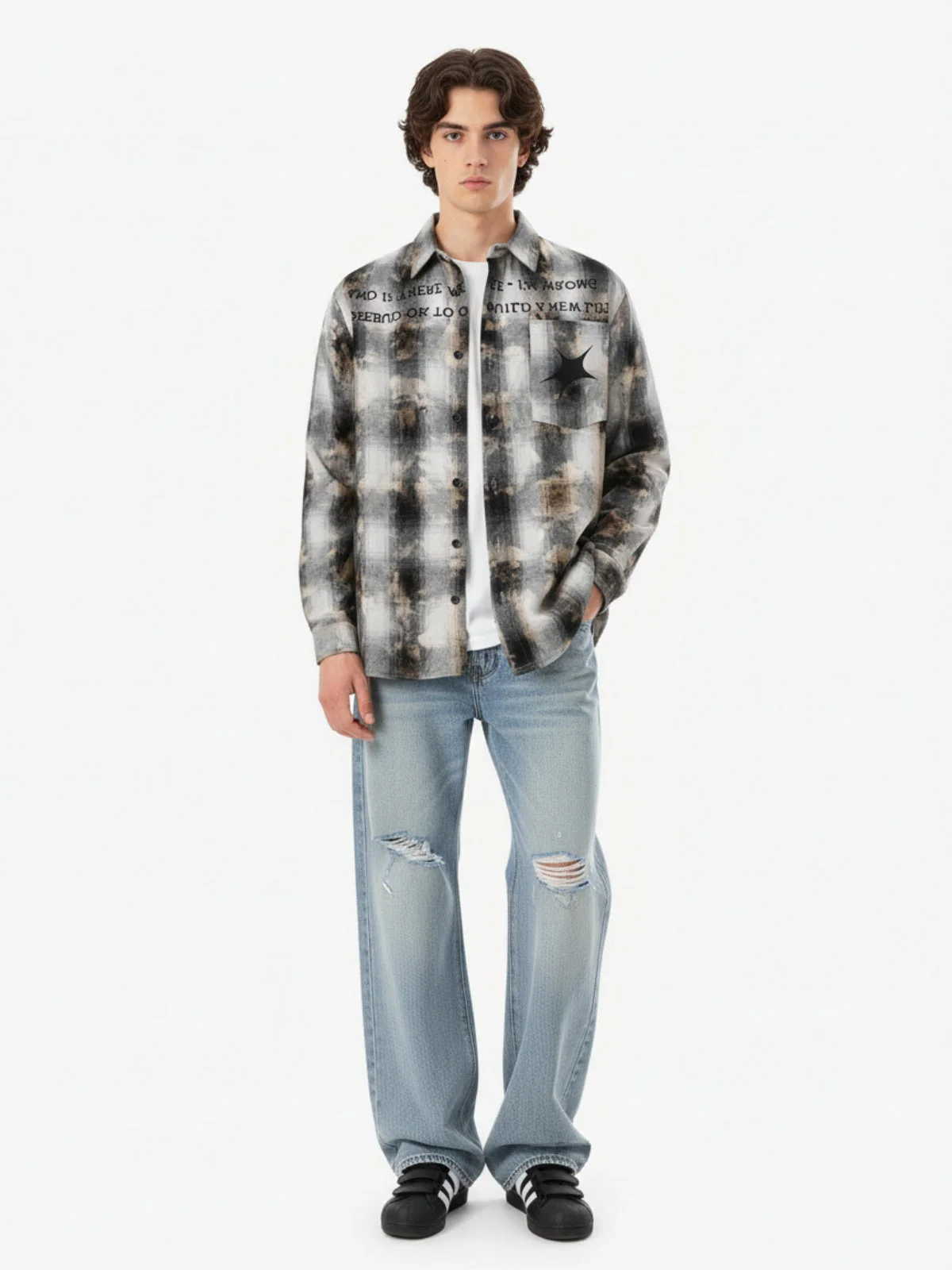 Streetwear Washed Distressed Plaid Long Sleeve Shirt - Image 3