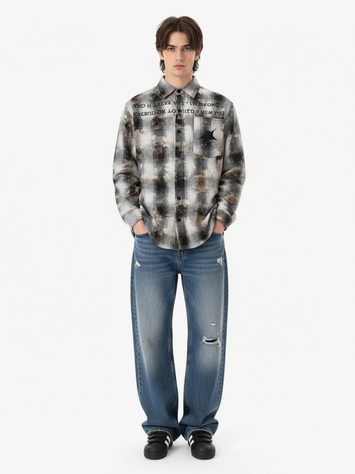 Streetwear Washed Distressed Plaid Long Sleeve Shirt - Image 4