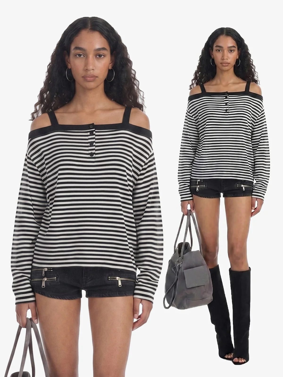 Striped Off-Shoulder Henley T-Shirt