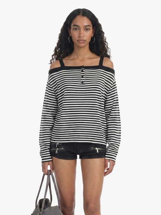 Striped Off-Shoulder Henley T-Shirt - Image 3