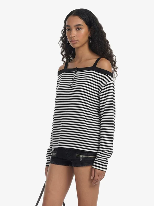 Striped Off-Shoulder Henley T-Shirt - Image 4
