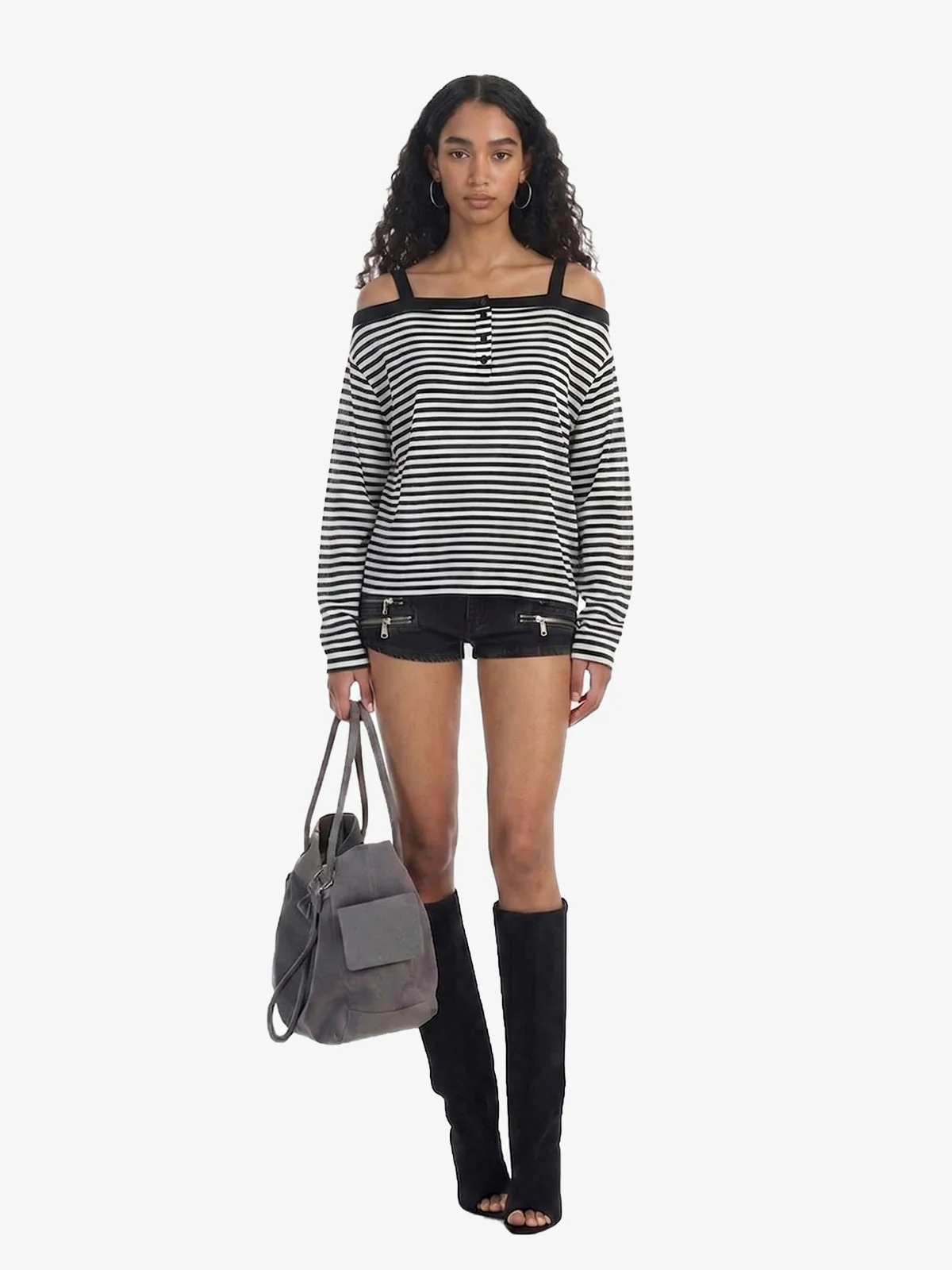 Striped Off-Shoulder Henley T-Shirt - Image 5