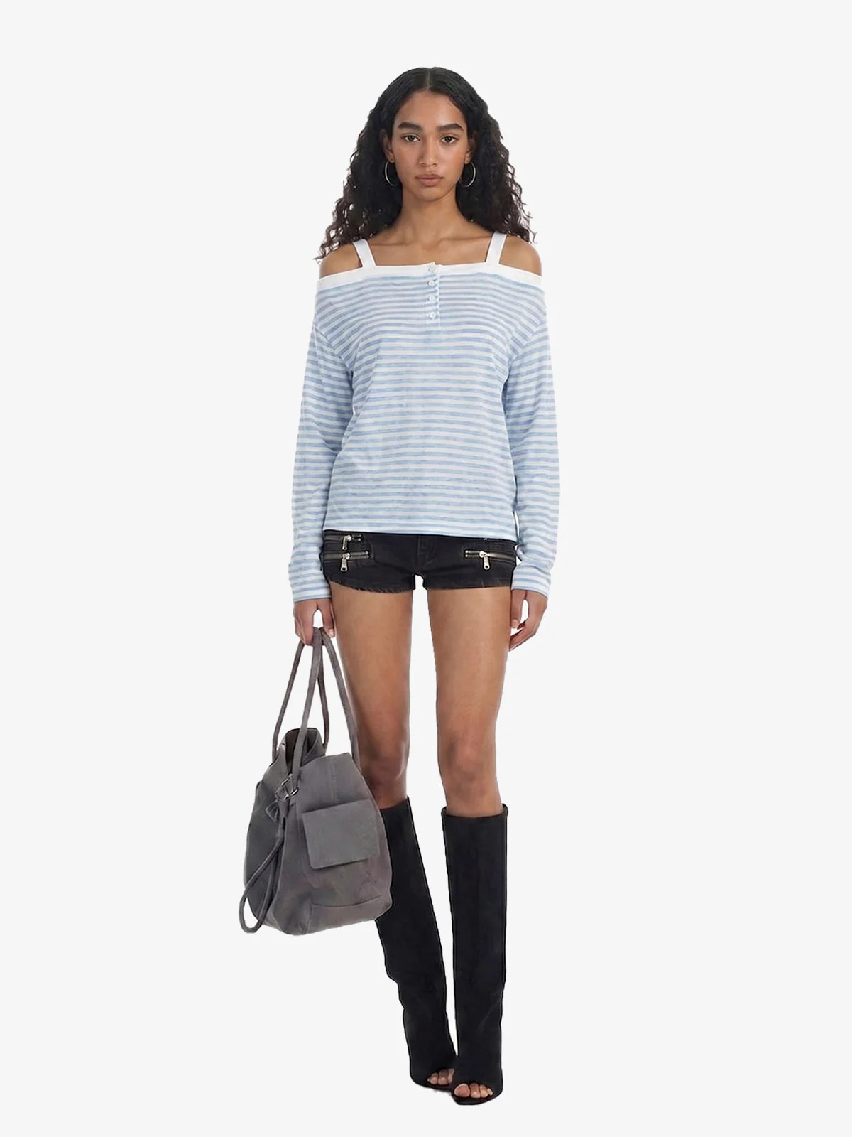 Striped Off-Shoulder Henley T-Shirt - Image 6