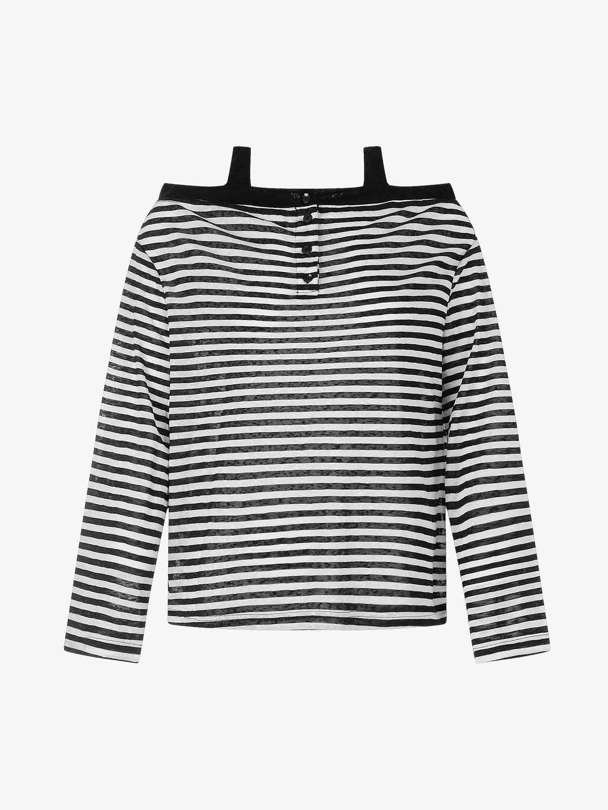 Striped Off-Shoulder Henley T-Shirt - Image 7