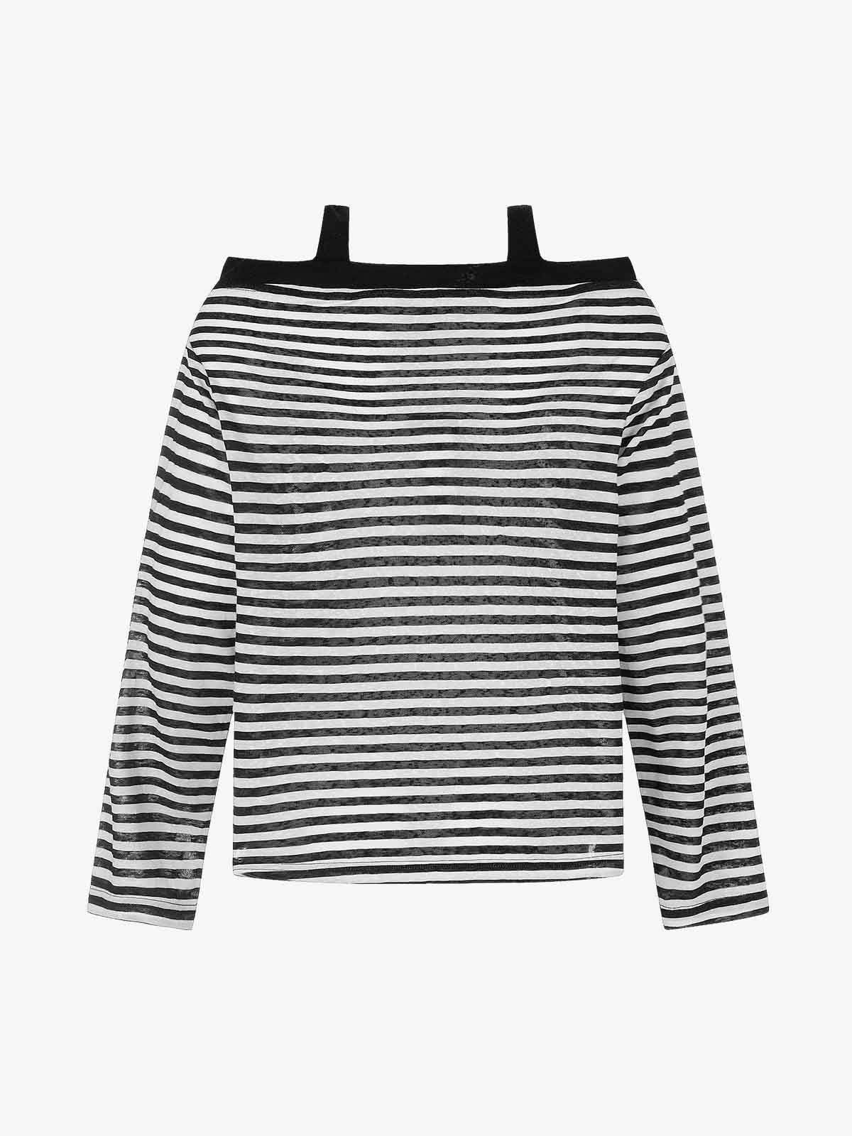 Striped Off-Shoulder Henley T-Shirt - Image 8