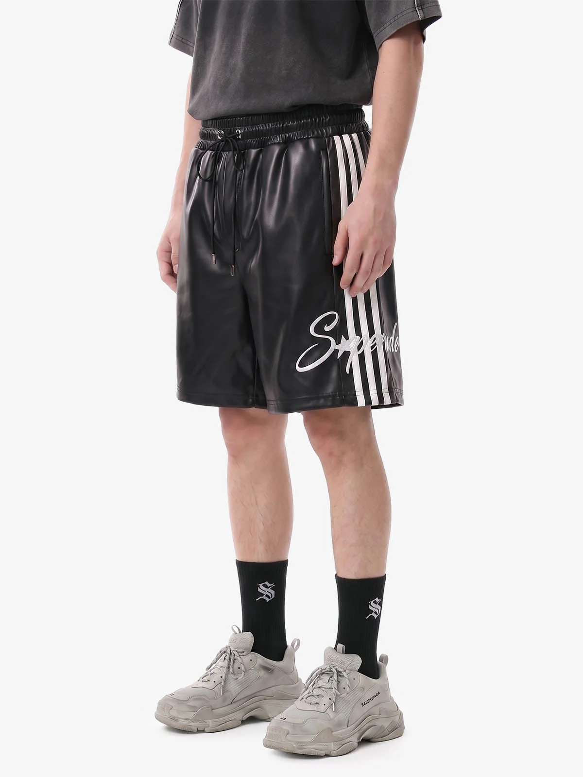 Striped Racing Faux-Leather Shorts