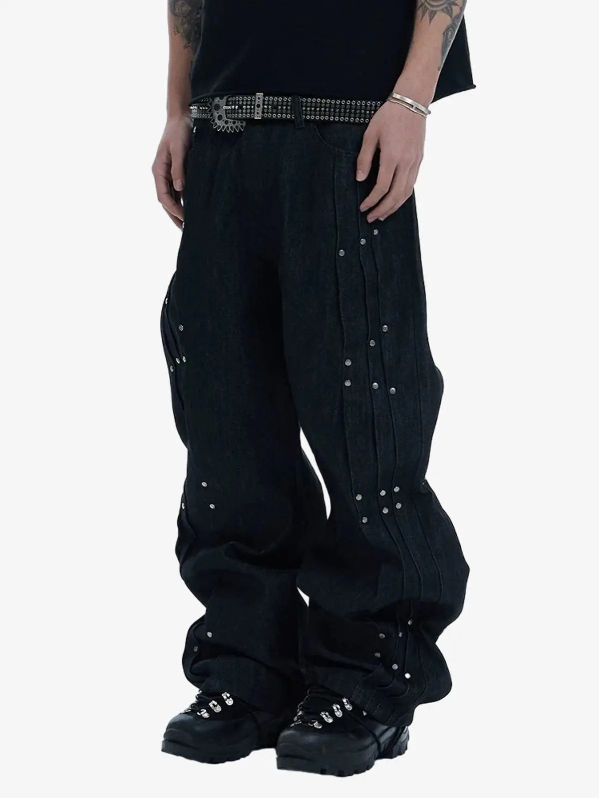 Studded Pleat Wide Leg Denim Jeans - 2606