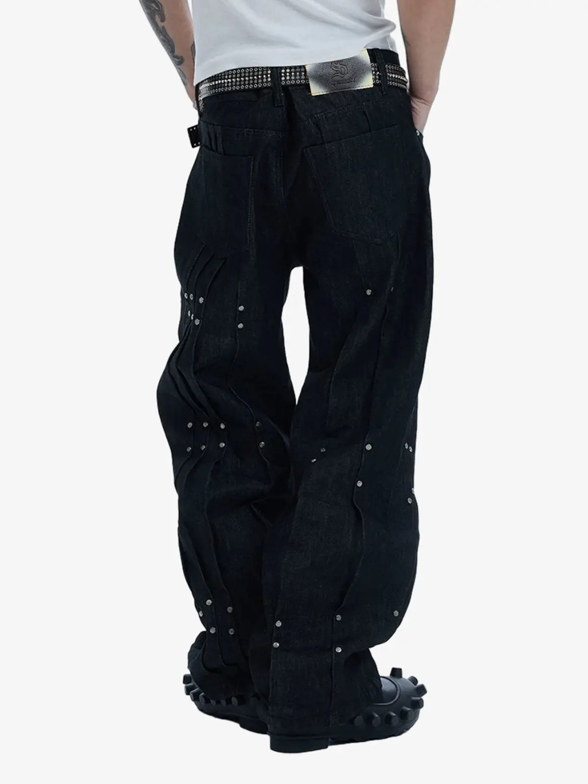 Studded Pleat Wide Leg Denim Jeans - 2606 - Image 3