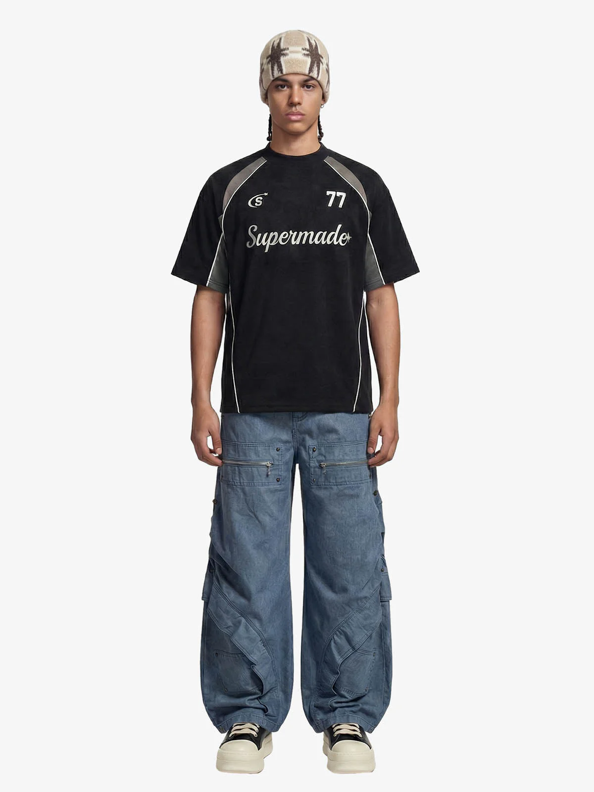 Suede Logo Embroidered Patchwork Short Sleeve T-Shirt - Image 3