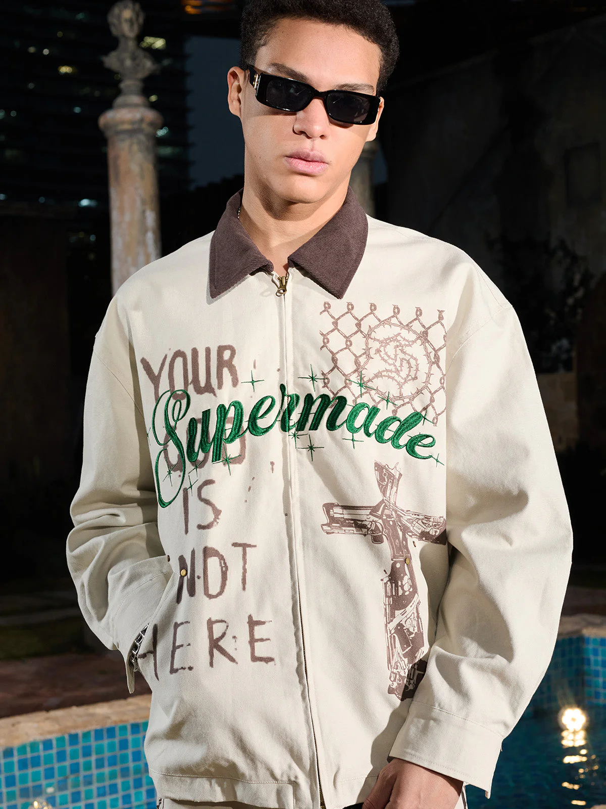 Supermade Slogan Print Color-Blocked Embroidered Retro Canvas Jacket