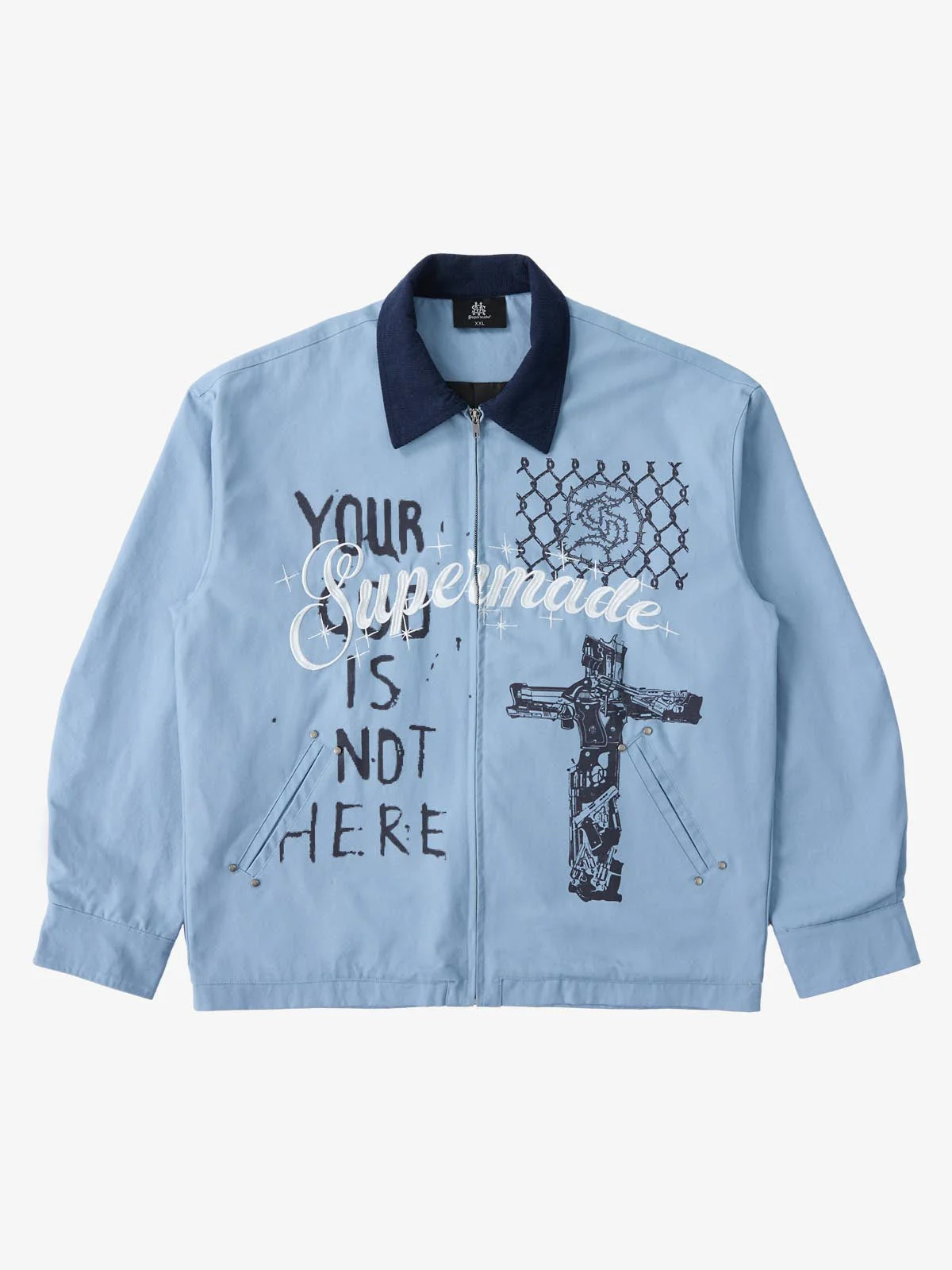 Supermade Slogan Print Color-Blocked Embroidered Retro Canvas Jacket - Image 4