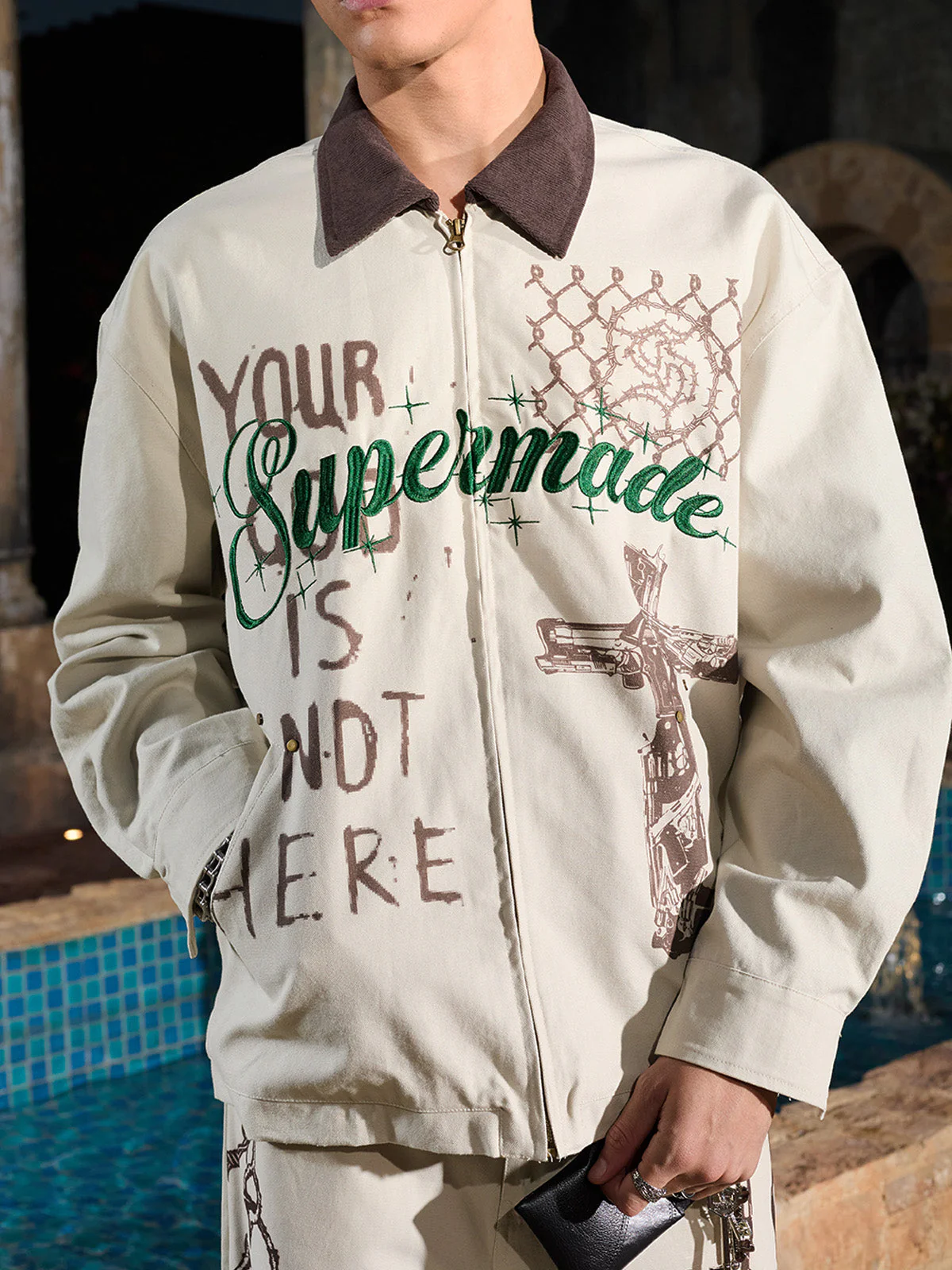 Supermade Slogan Print Color-Blocked Embroidered Retro Canvas Jacket - Image 5