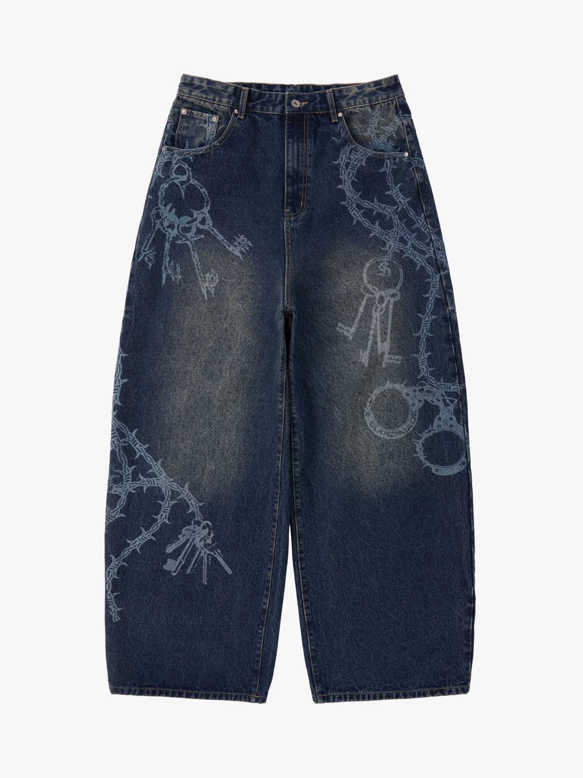 Original Retro Thorn and Key Pattern Laser-Burnout Baggy Jeans - 2595 - Image 3