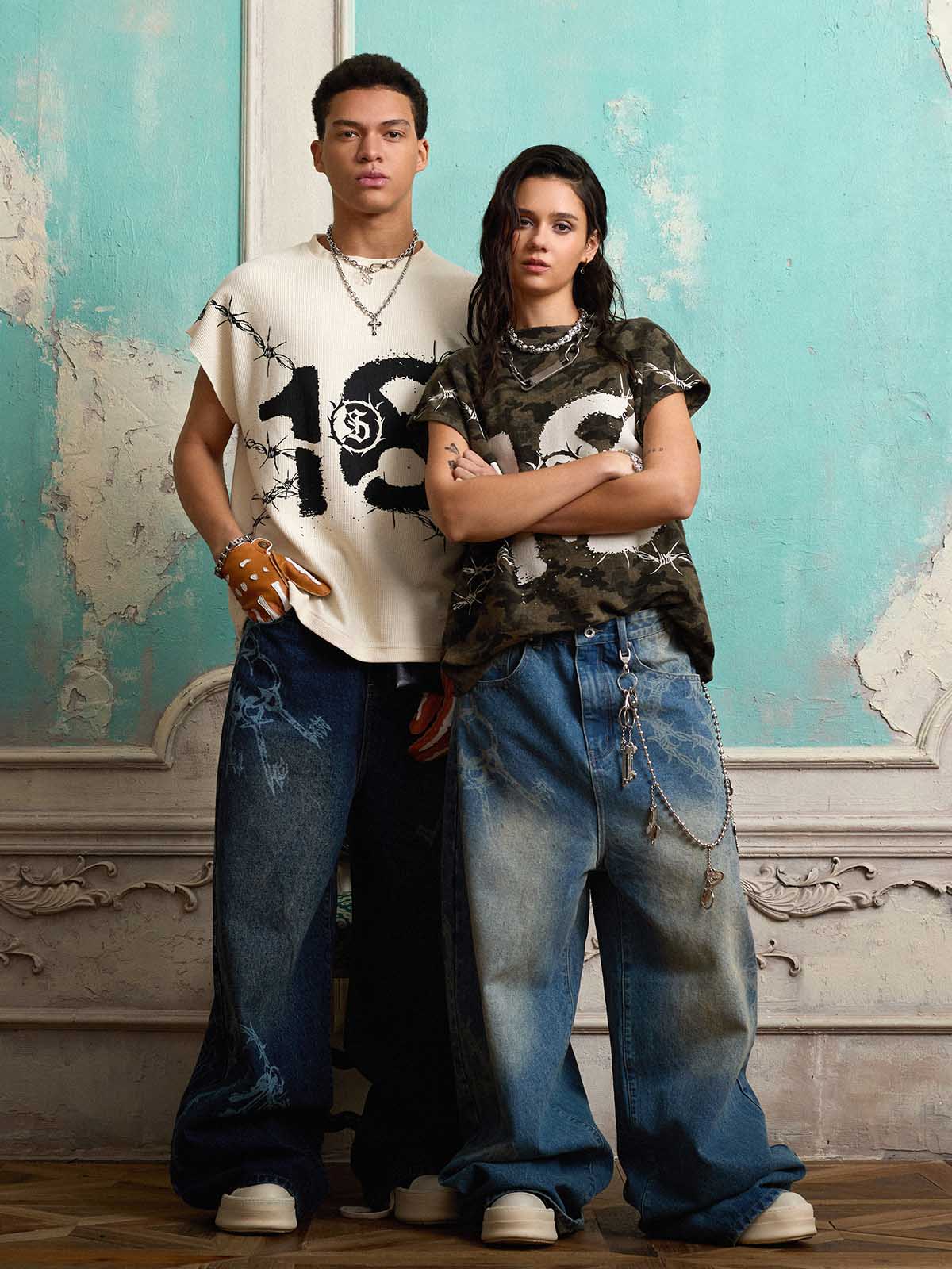 Original Retro Thorn and Key Pattern Laser-Burnout Baggy Jeans - 2595 - Image 8