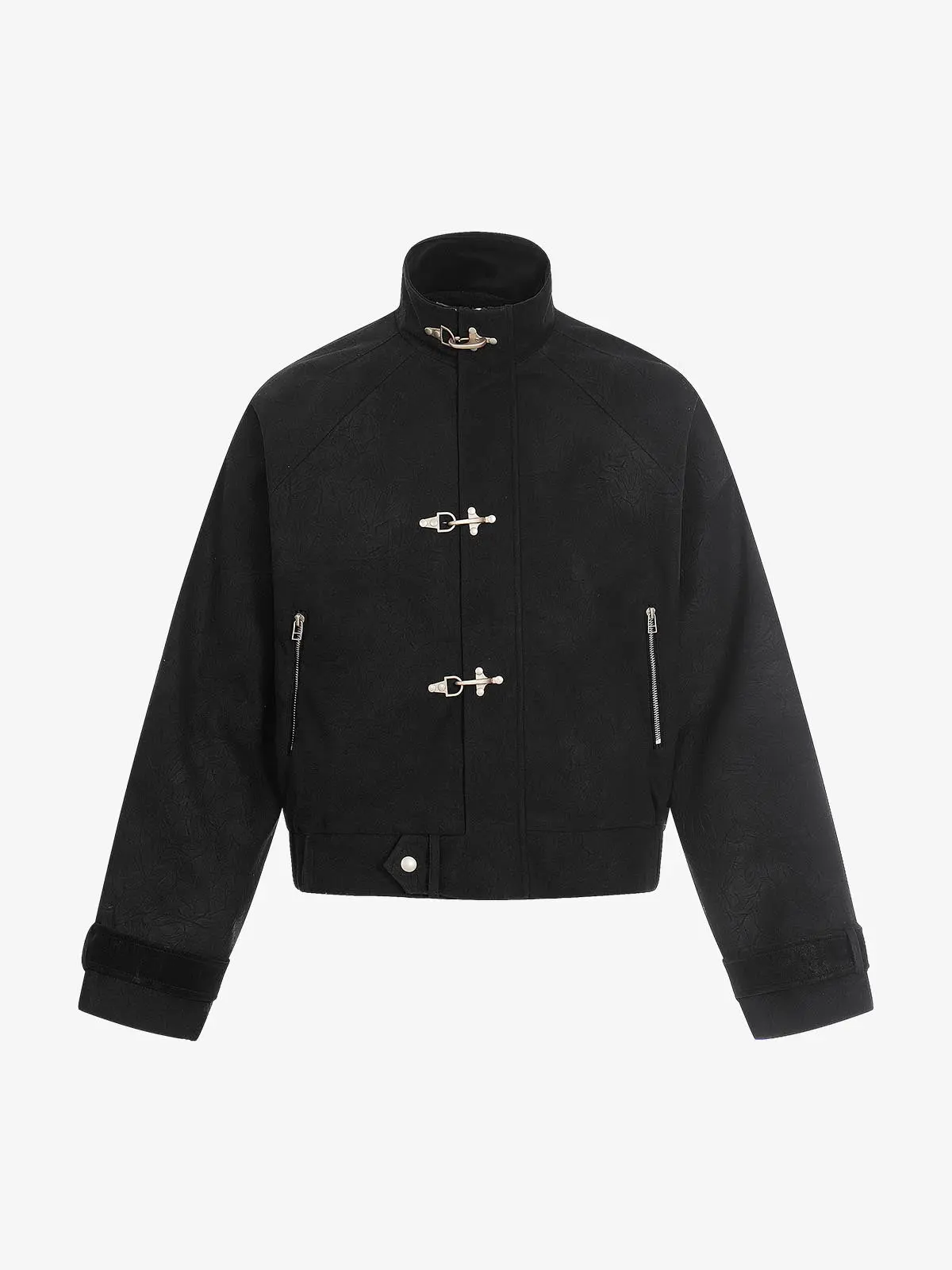 Textured Faux Leather Stand Collar Metal Buckle Jacket - Image 2