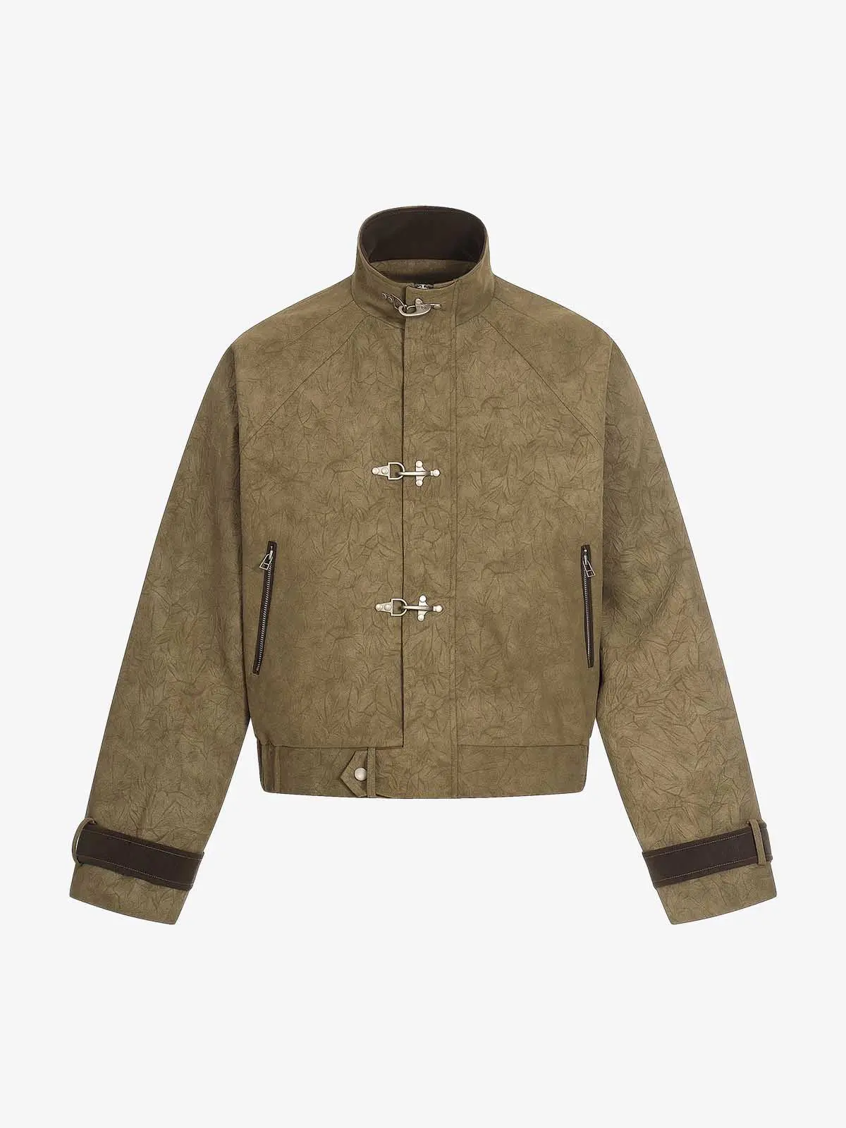 Textured Faux Leather Stand Collar Metal Buckle Jacket - Image 4