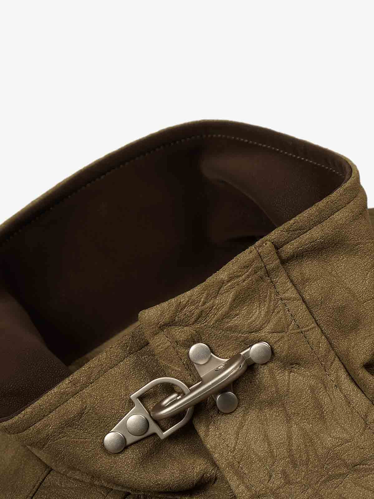 Textured Faux Leather Stand Collar Metal Buckle Jacket - Image 7