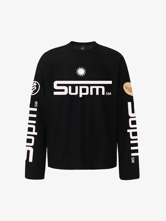 Textured Waffle SUPM Letter Graphic Long Sleeve T-Shirt - 2600 - Image 2