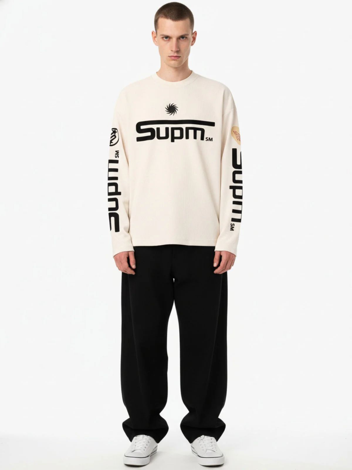 Textured Waffle SUPM Letter Graphic Long Sleeve T-Shirt - 2600 - Image 3