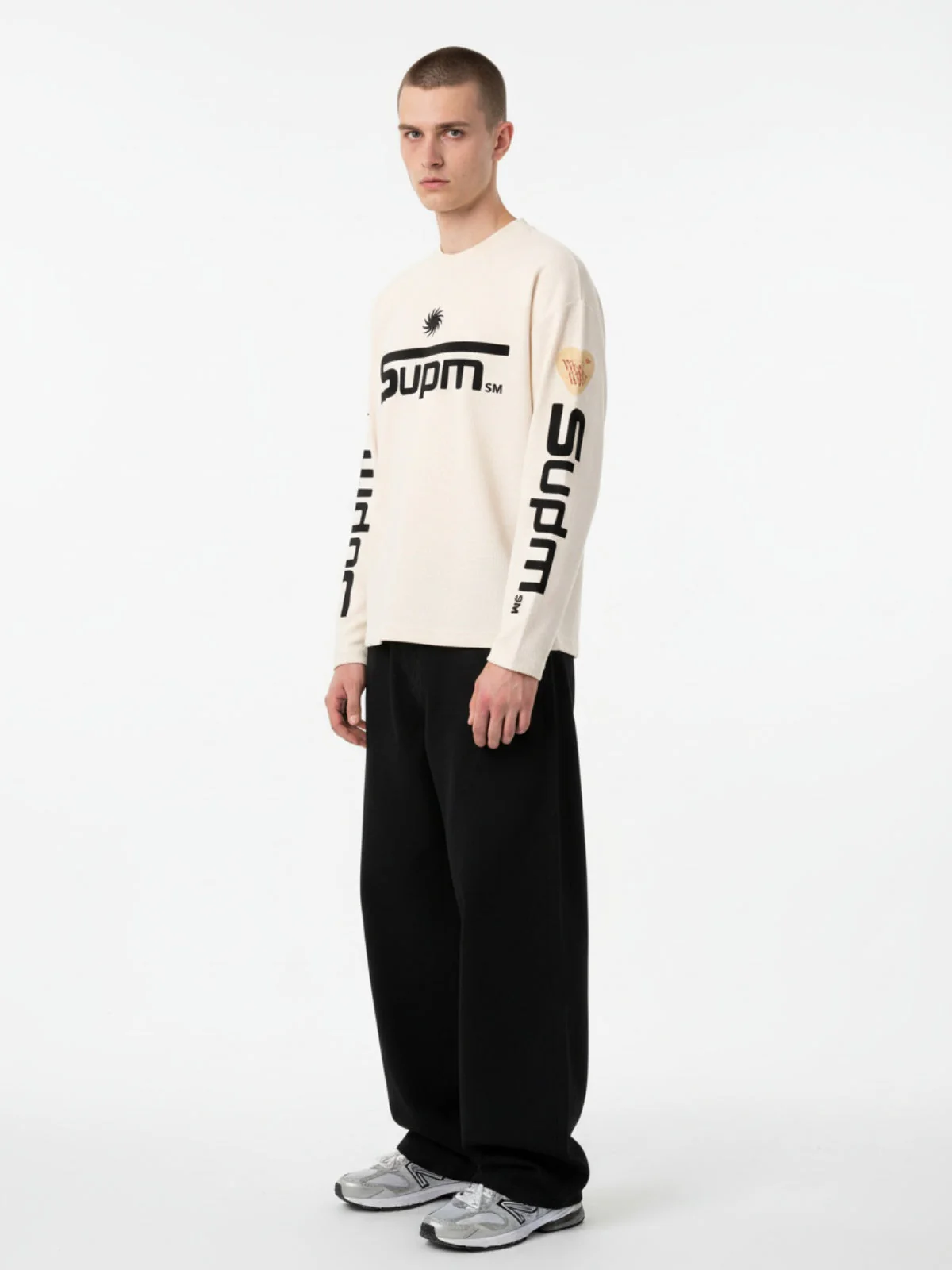 Textured Waffle SUPM Letter Graphic Long Sleeve T-Shirt - 2600 - Image 4