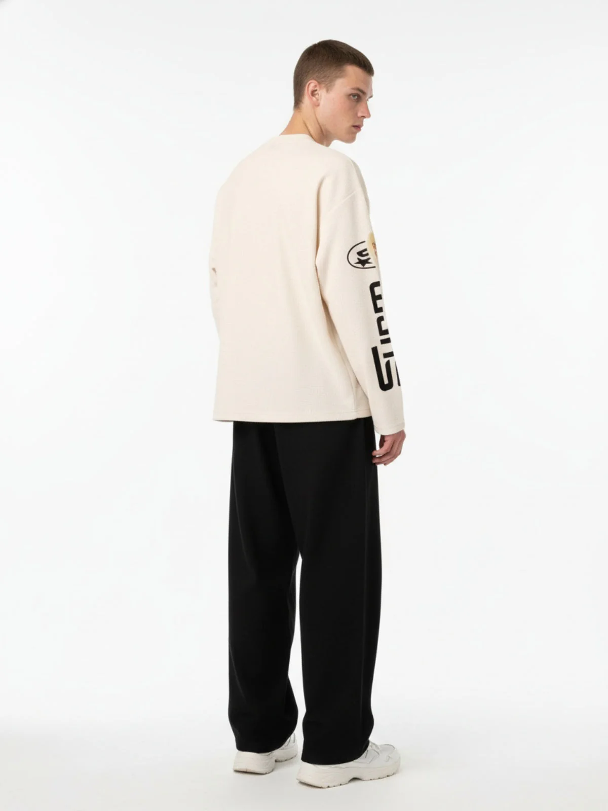 Textured Waffle SUPM Letter Graphic Long Sleeve T-Shirt - 2600 - Image 5