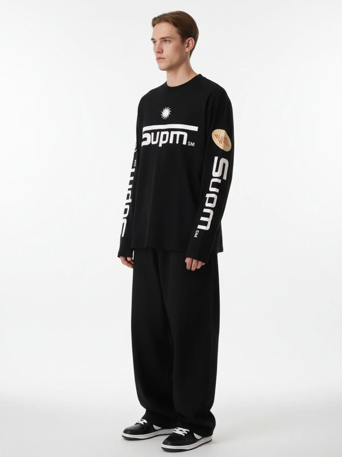 Textured Waffle SUPM Letter Graphic Long Sleeve T-Shirt - 2600 - Image 7