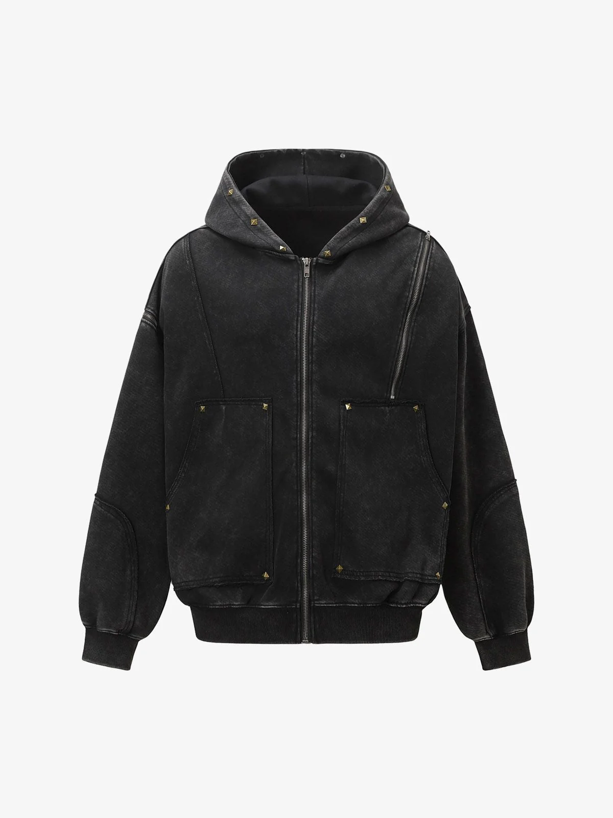 Street Washed Distressed Stitching Rivet Hooded Jacket - Image 2