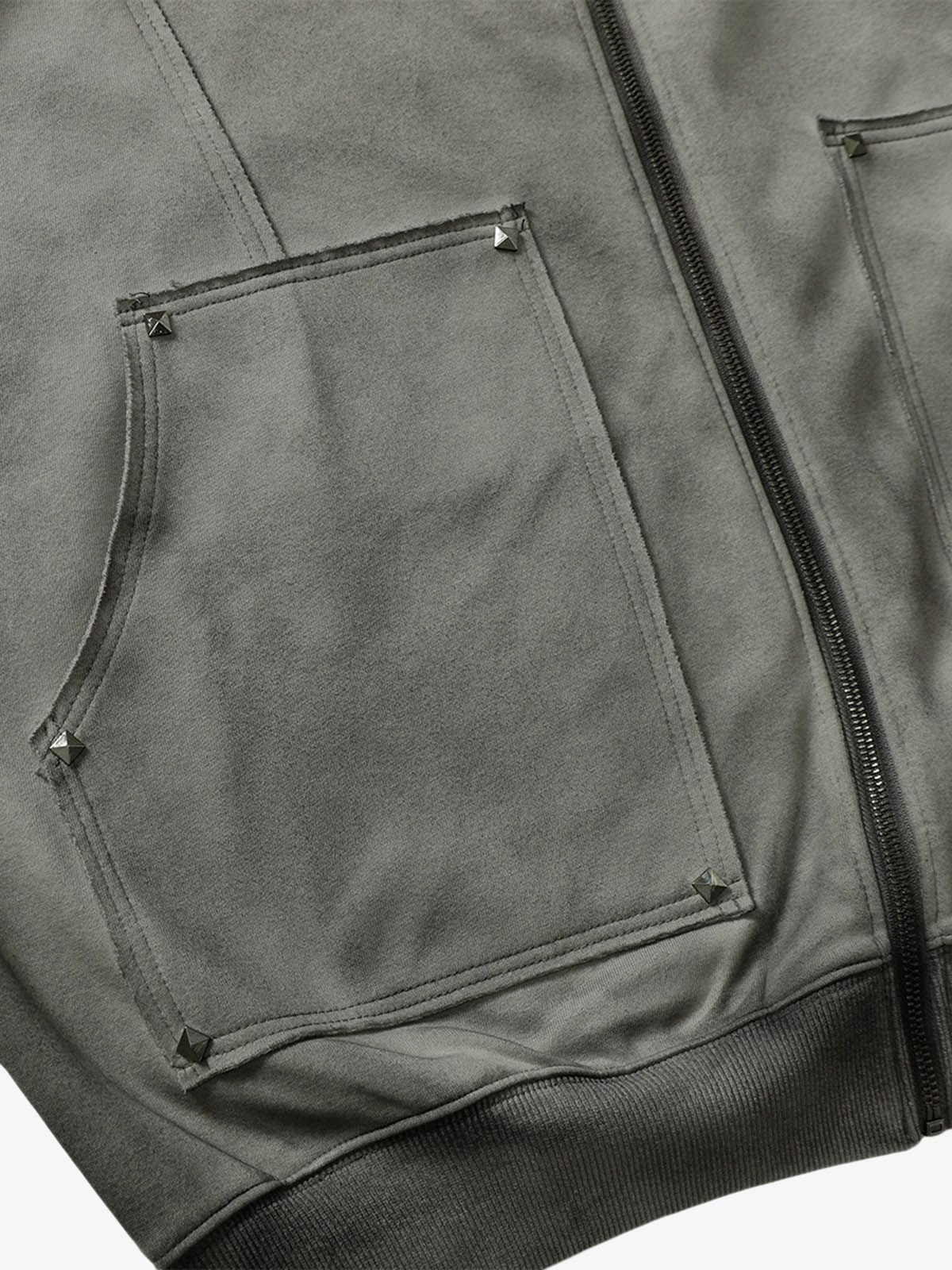 Street Washed Distressed Stitching Rivet Hooded Jacket - Image 7