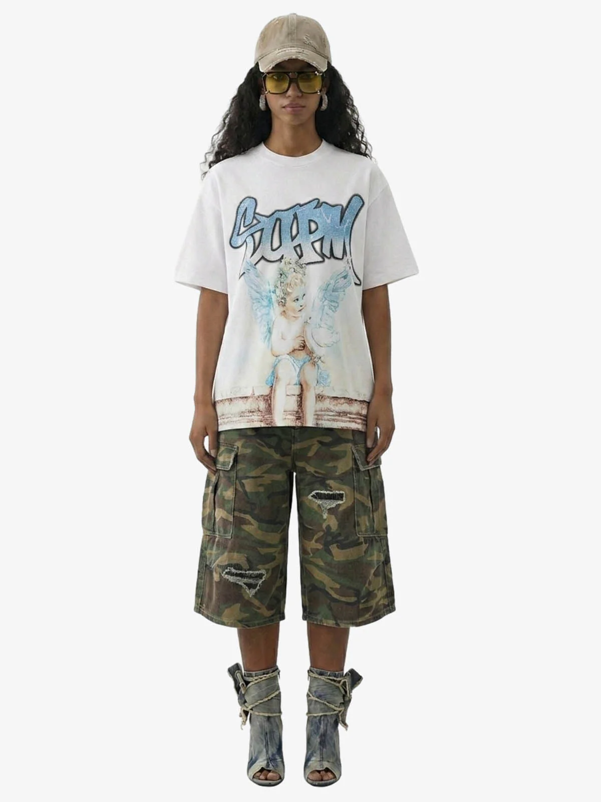 Retro Ripped Camouflage Cropped Jorts - 2387 - Image 8