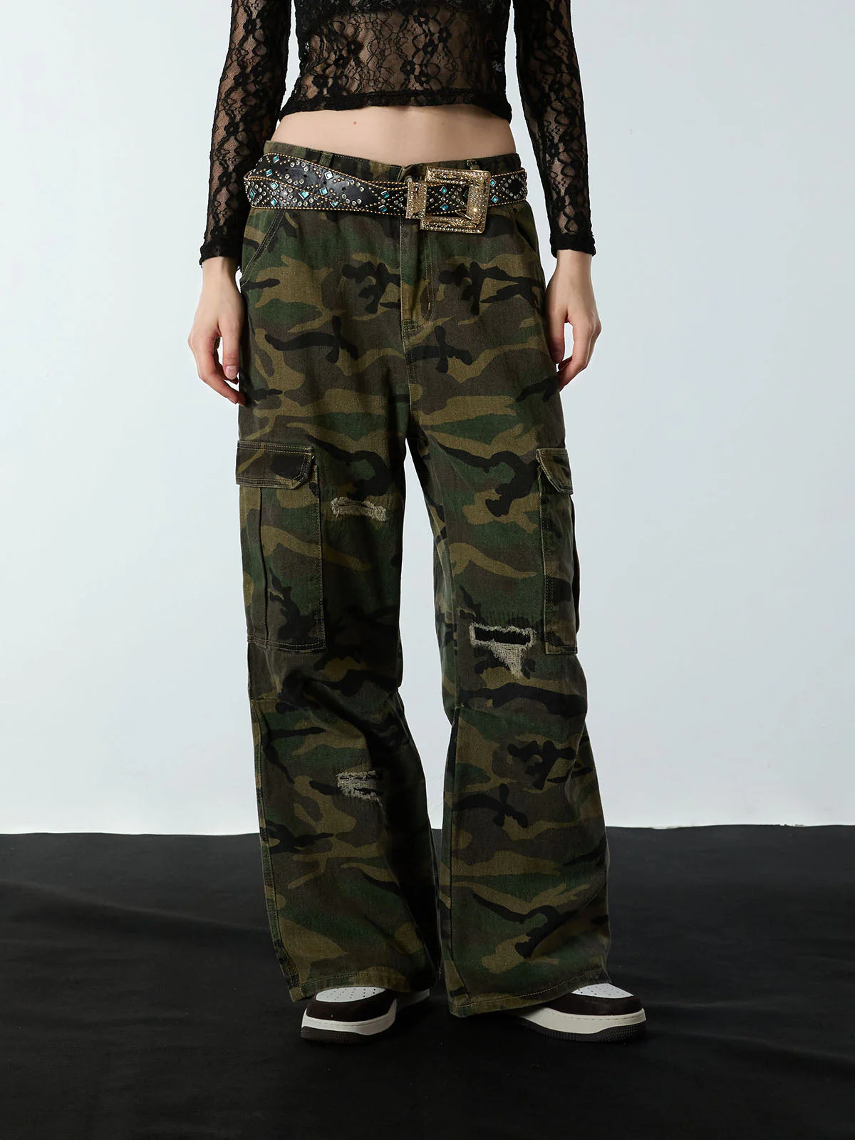 Woven Ripped Camouflage Cargo Baggy Pants - 2410 - Image 8