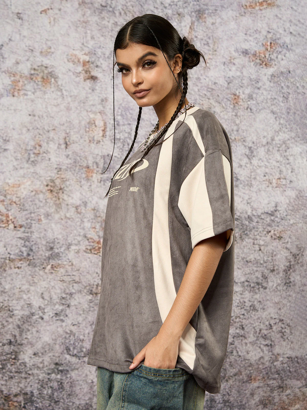 Jersey Deconstructed Contrast Color Stitching Print T-shirt - 2407 - Image 8