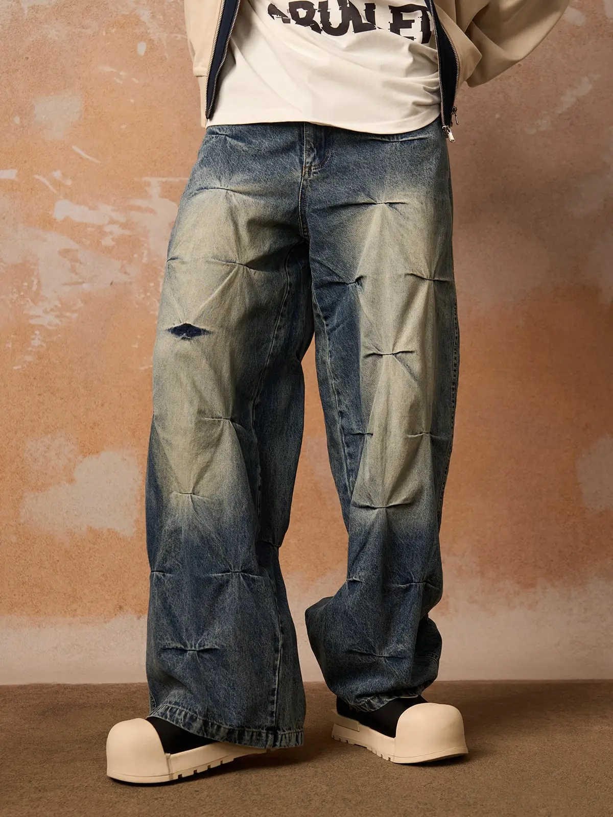 Distressed Washed Pleated Jeans - Image 2