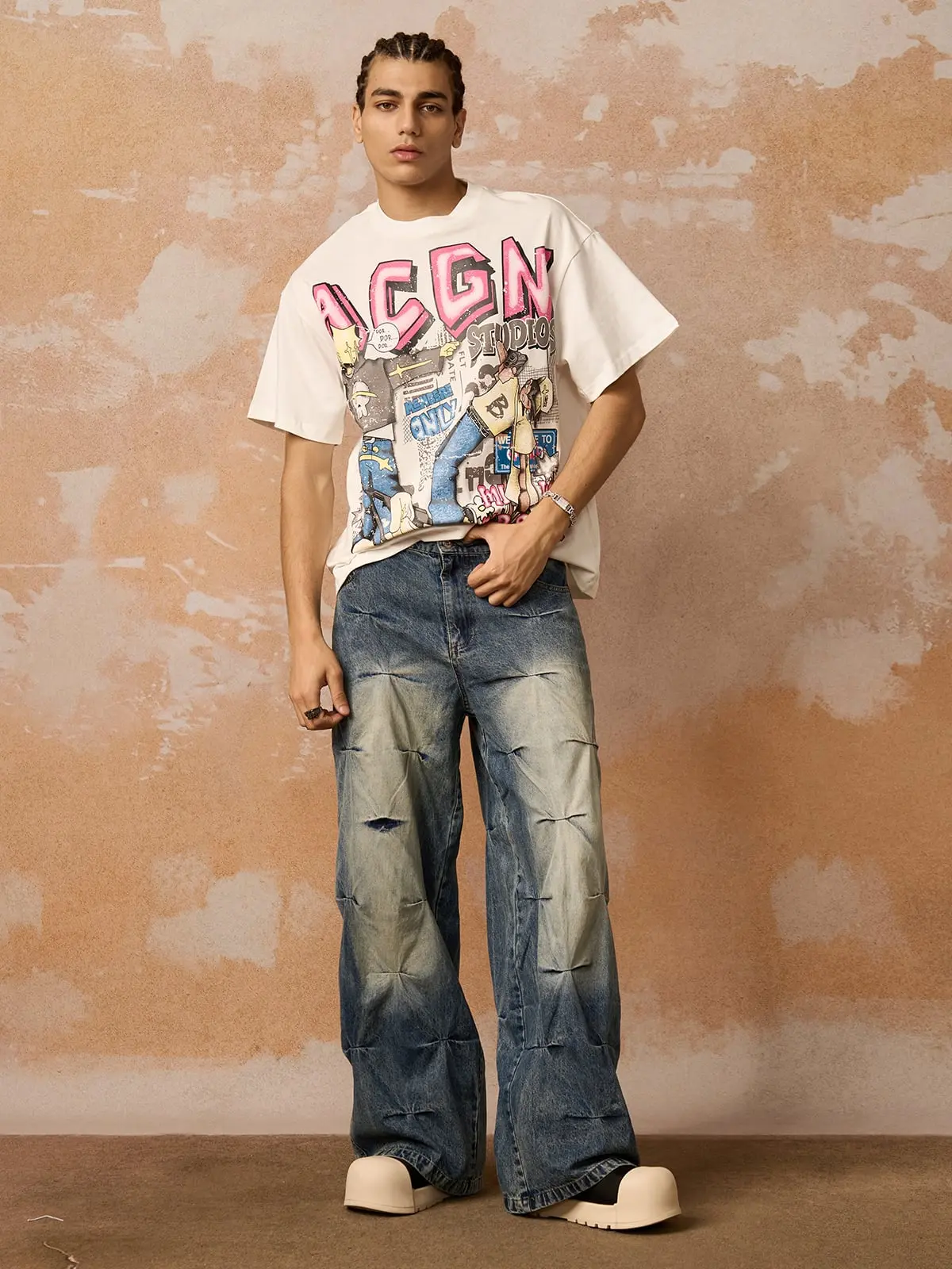 Distressed Washed Pleated Jeans - Image 4