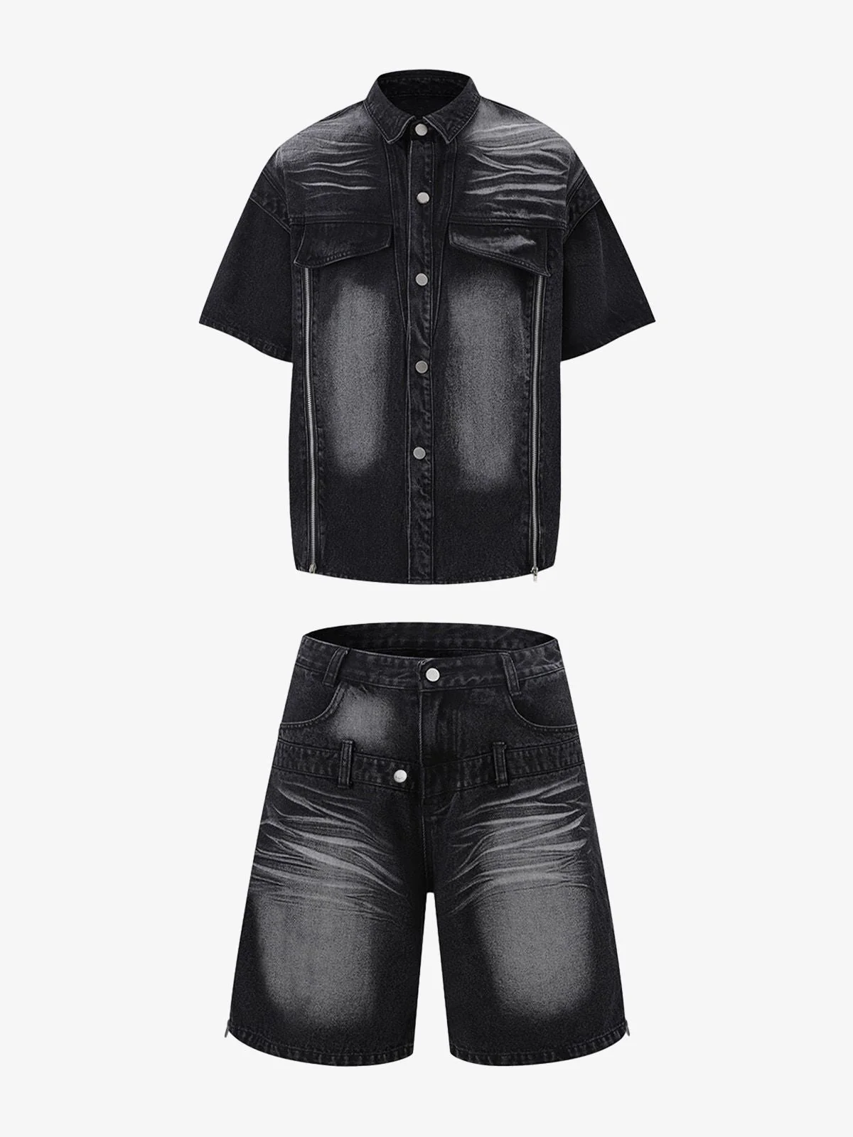 Distressed Washed Workwear Denim Shirt And Jorts Set - Image 12