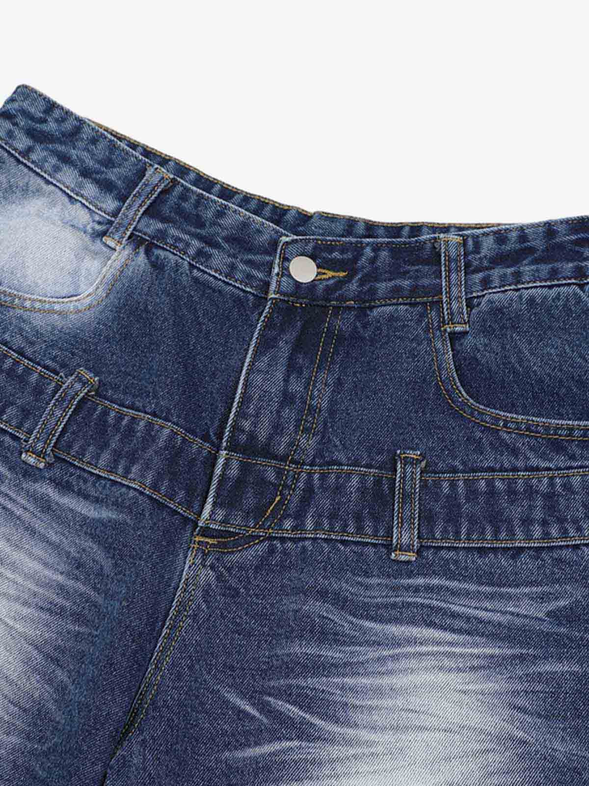Thesupermade Old Washed Double Waistband Design Denim Jorts - Image 9