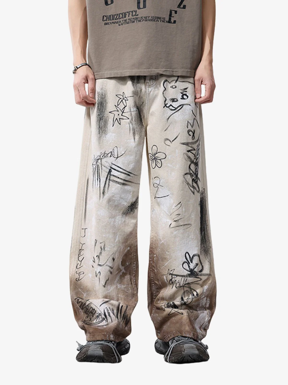 Distressed Washed Graffiti Baggy Jeans - Image 6