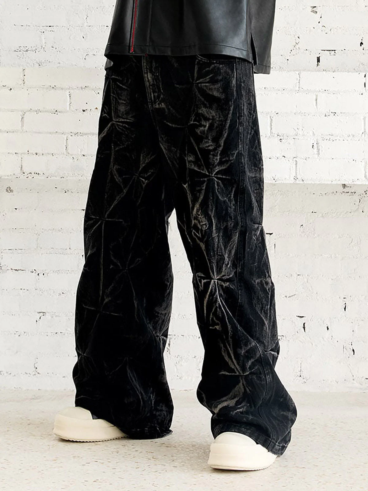 Denim Heavy Washed Distressed Pleated Baggy Jeans - 2282 - Image 6