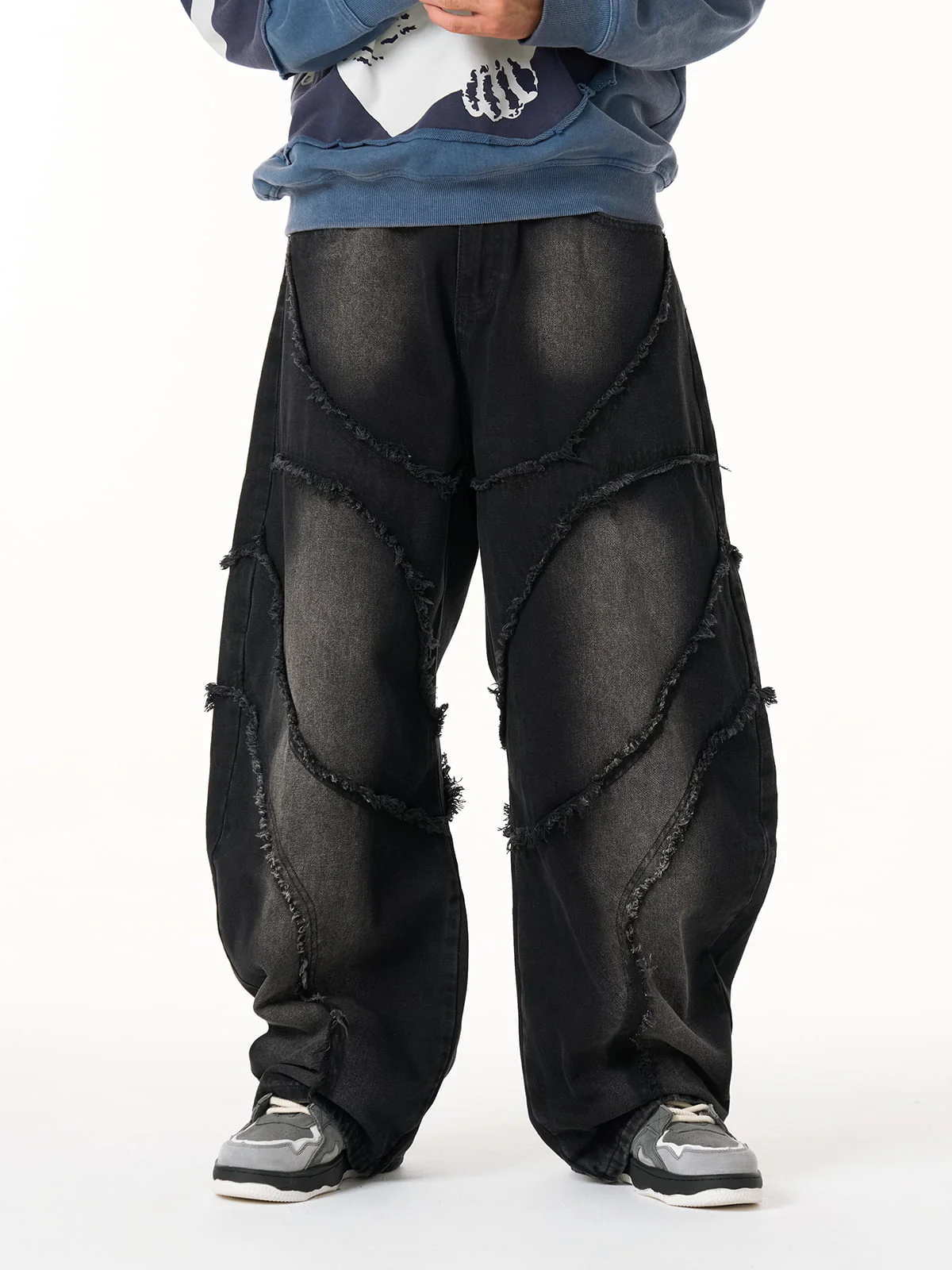 Washed Distressed Raw Edge Barrel Jeans - 2402 - Image 5