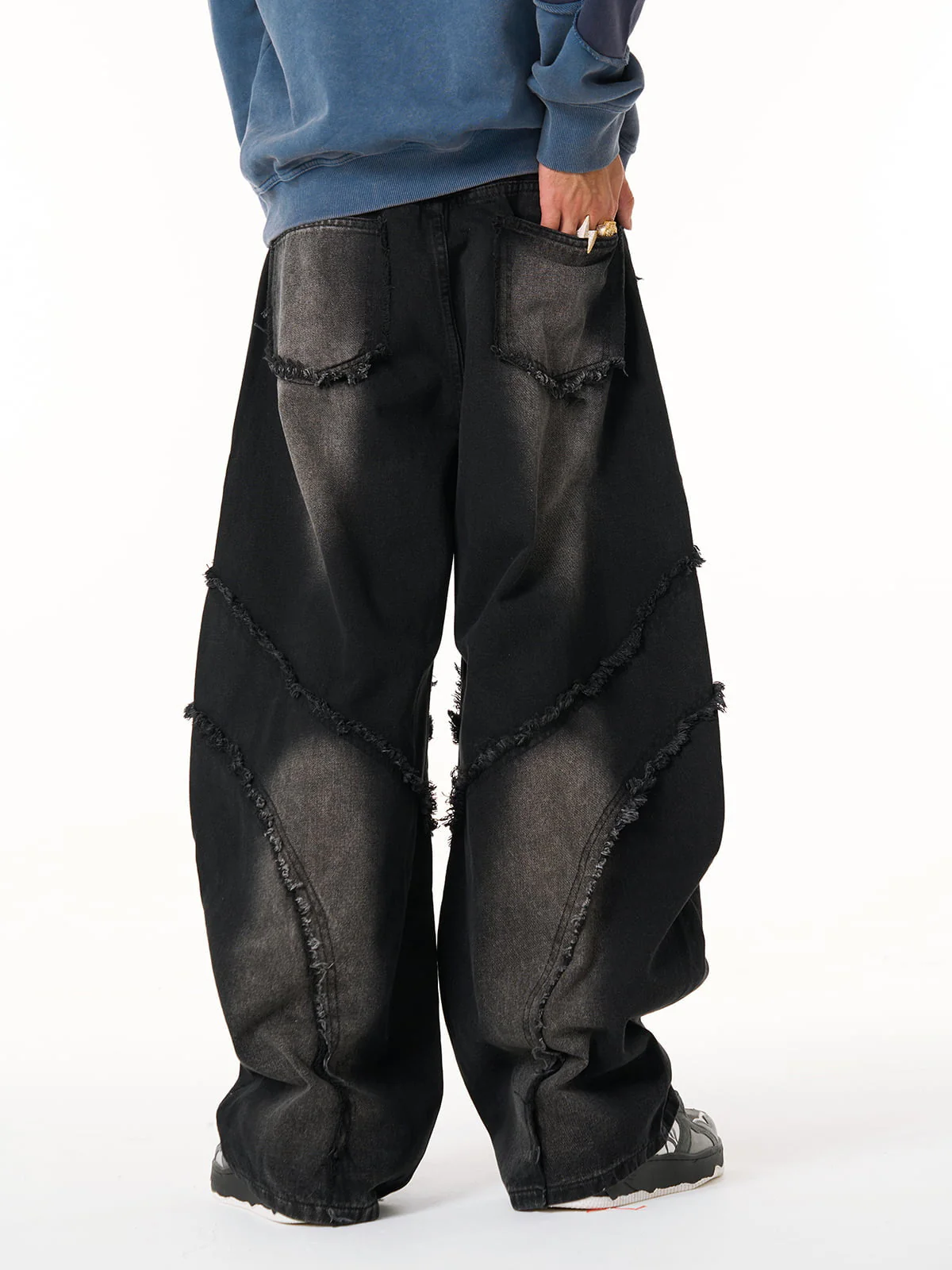 Washed Distressed Raw Edge Barrel Jeans - 2402 - Image 7