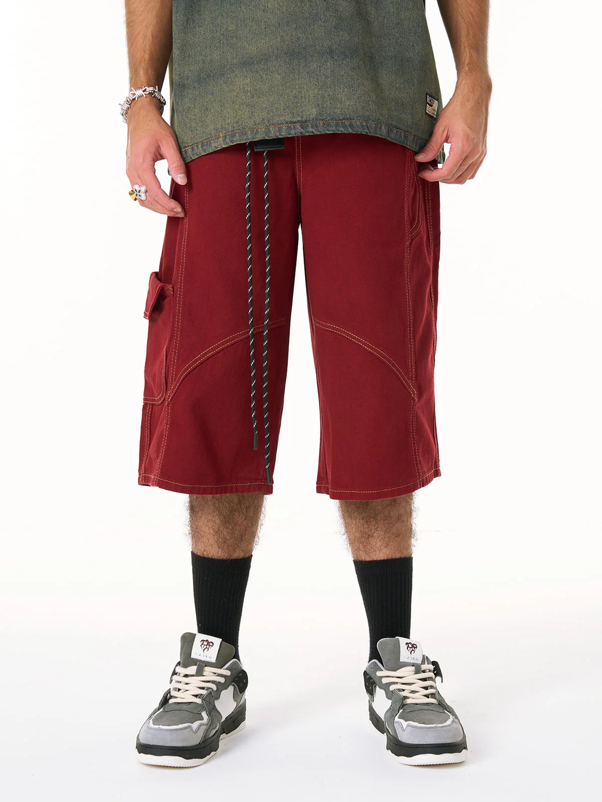 Denim Welt-Embellished Cargo Jorts - 2408 - Image 3