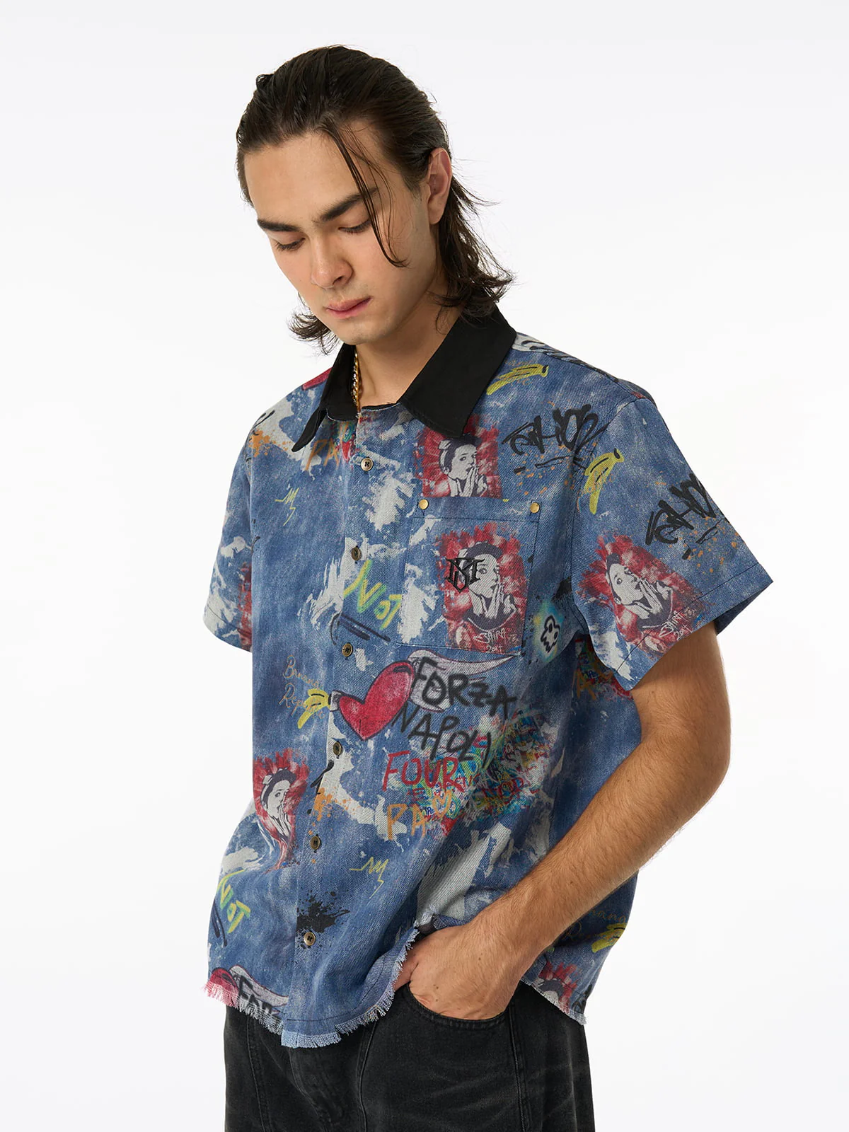Tie-Dye Denim Graffiti Polo T-Shirt - Image 2