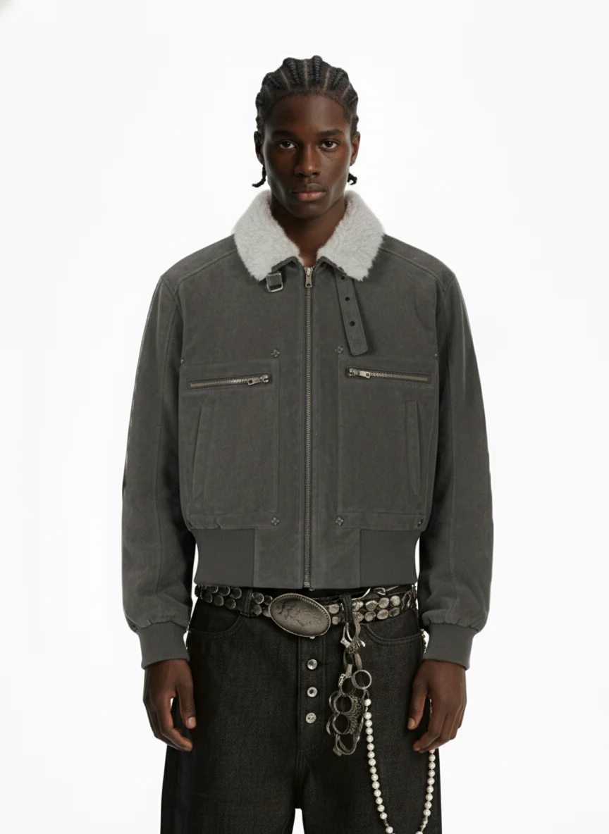 Utility Faux Shearling Collar Suede Look Zip Up Jacket