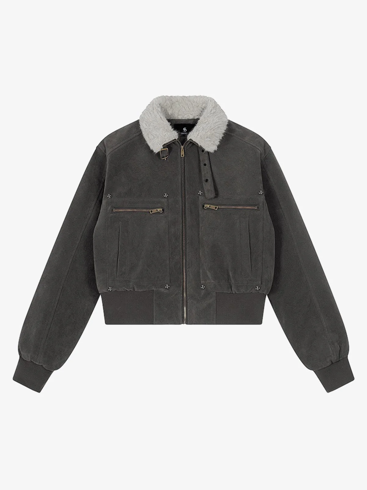 Utility Faux Shearling Collar Suede Look Zip Up Jacket - Image 7