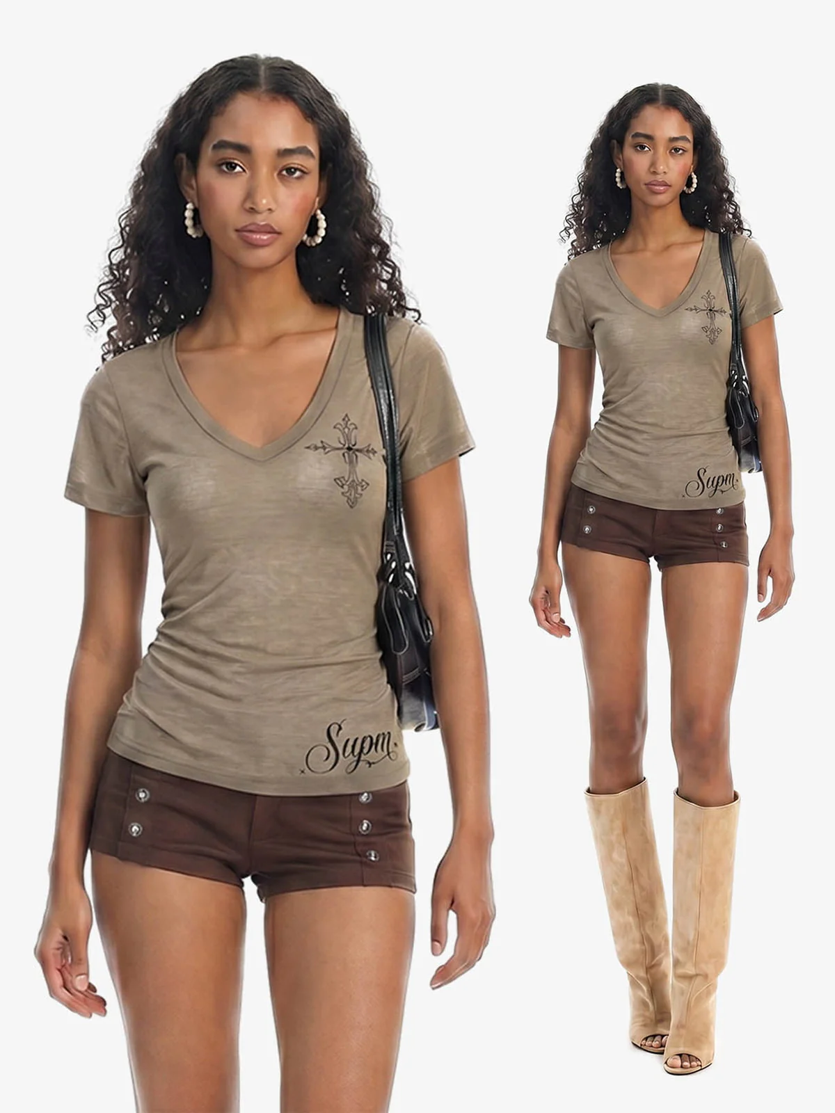 V Neck Cross Graphic Slim Fit T-Shirt