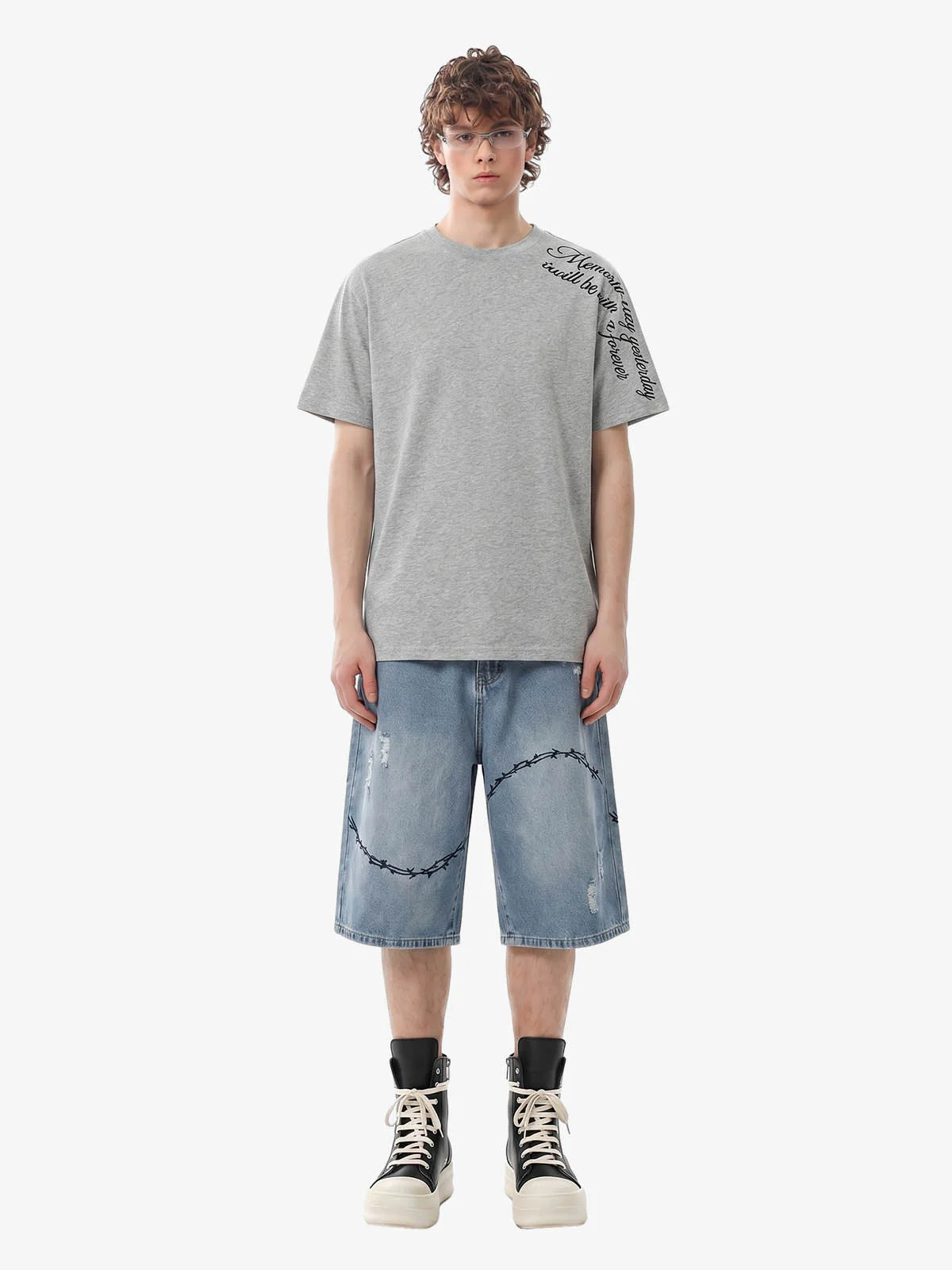 Vintage Barbed Wire Embroidery Distressed Washed Denim Jorts - Image 3