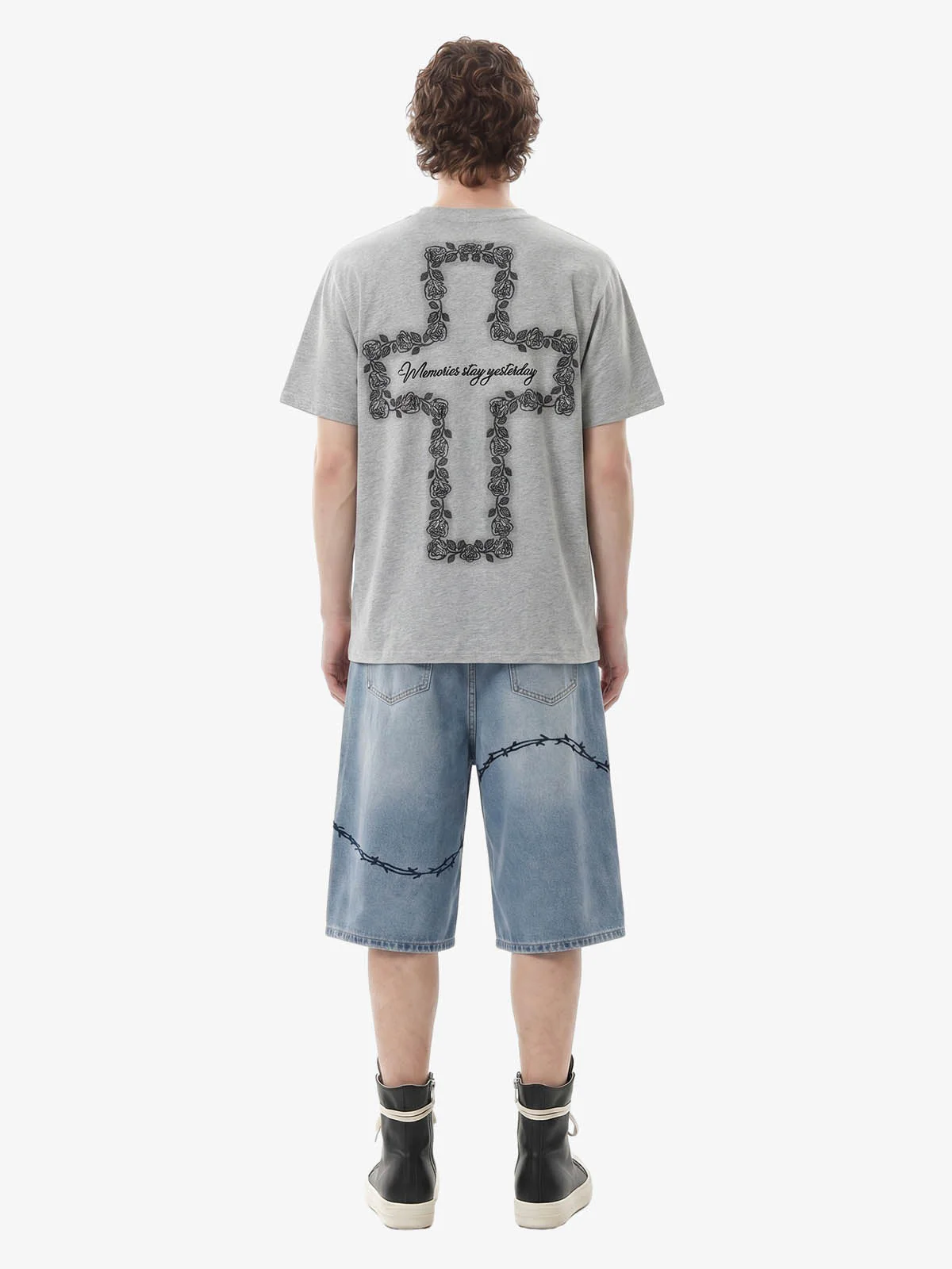 Vintage Barbed Wire Embroidery Distressed Washed Denim Jorts - Image 4