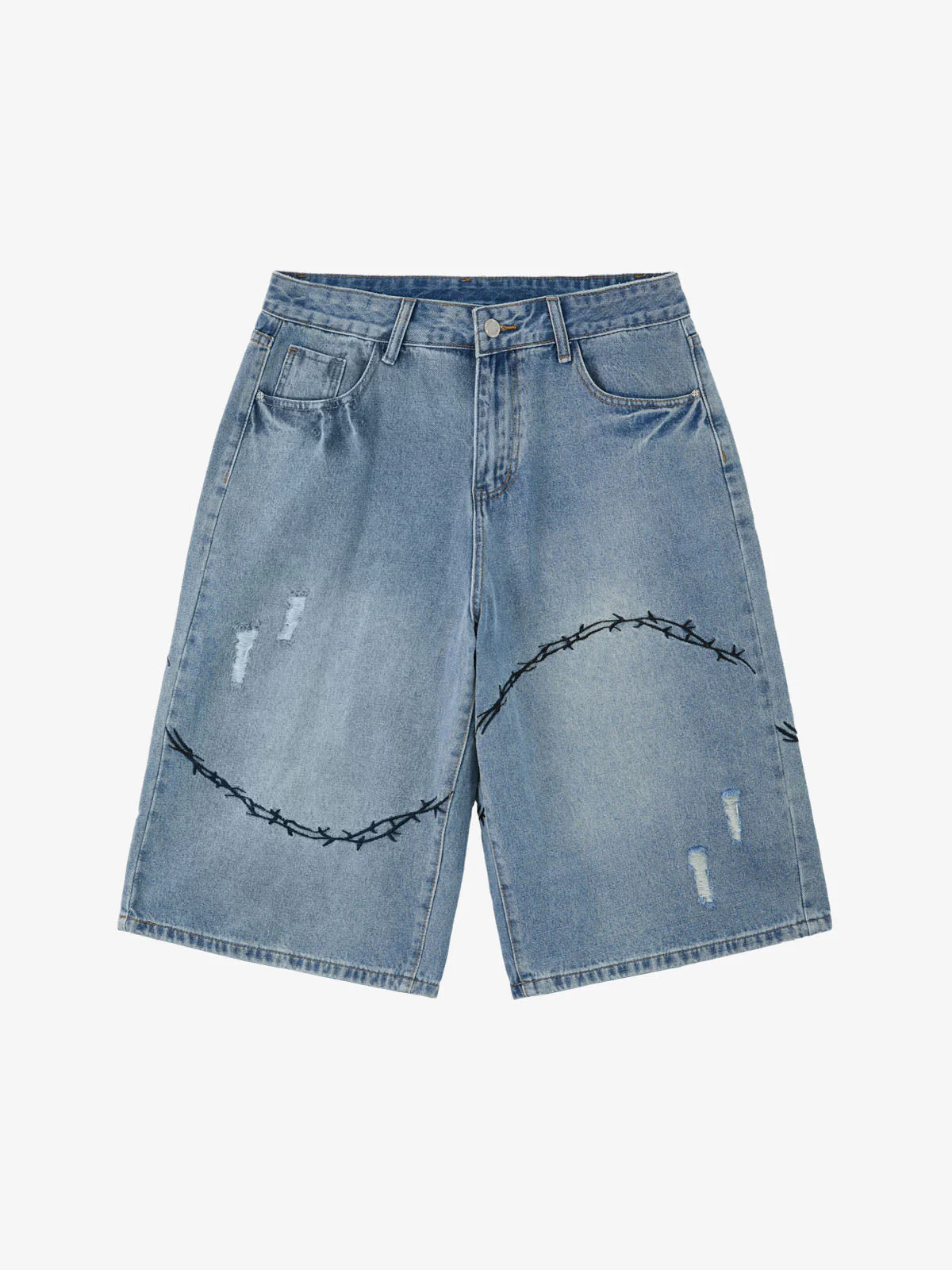 Vintage Barbed Wire Embroidery Distressed Washed Denim Jorts - Image 6