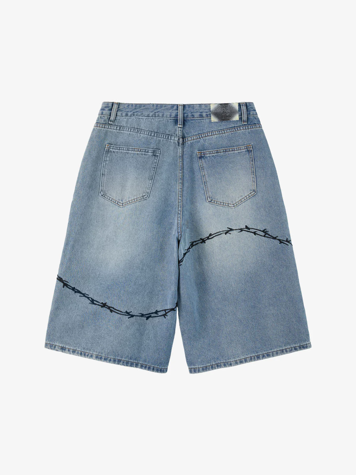 Vintage Barbed Wire Embroidery Distressed Washed Denim Jorts - Image 7
