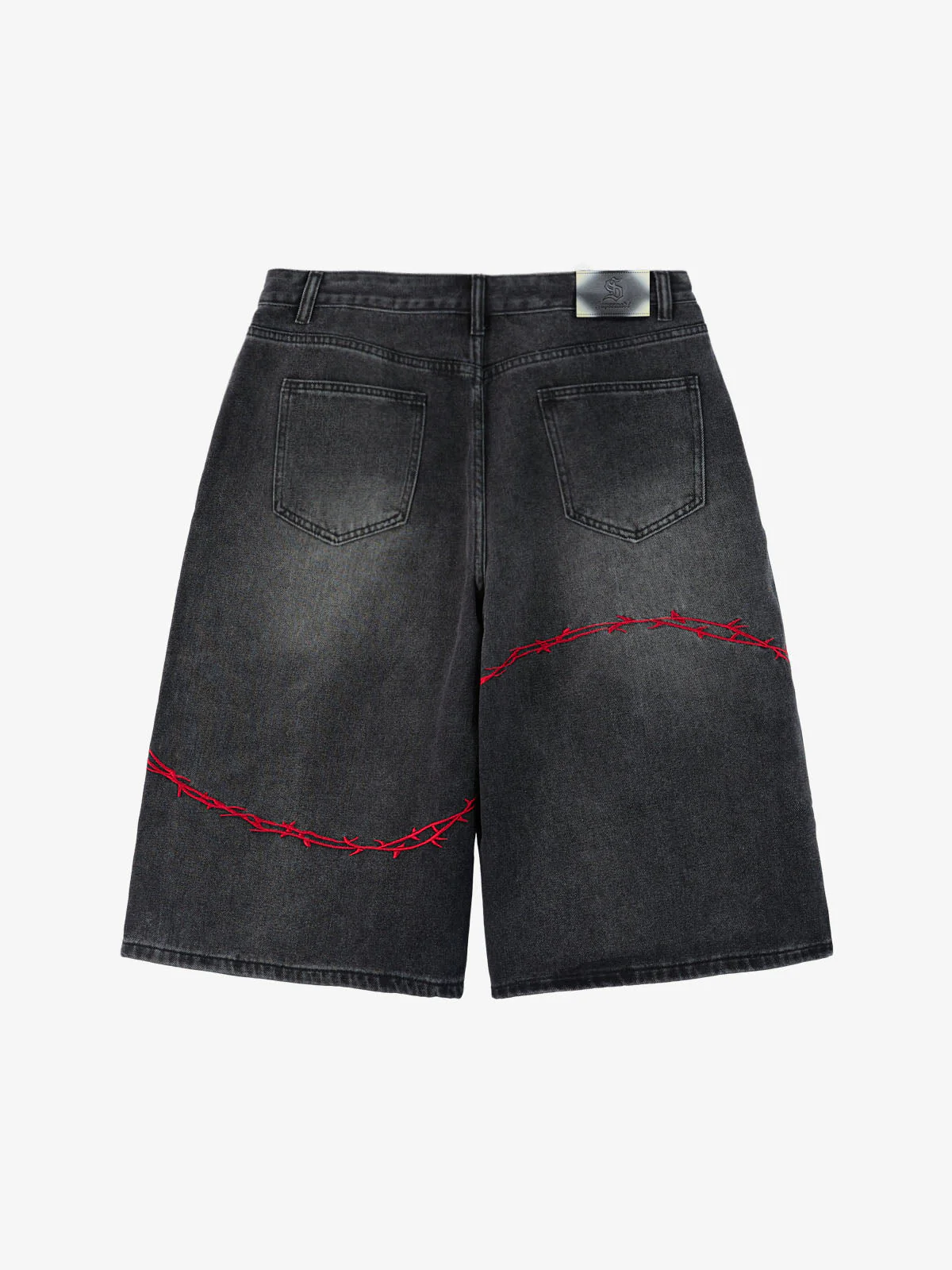 Vintage Barbed Wire Embroidery Distressed Washed Denim Jorts - Image 8